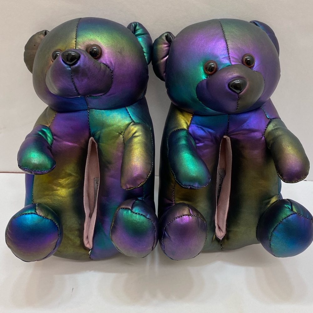 Fluffy Plushy periwinkle, metallic, teddy bear, slippers, women’s size Medium
